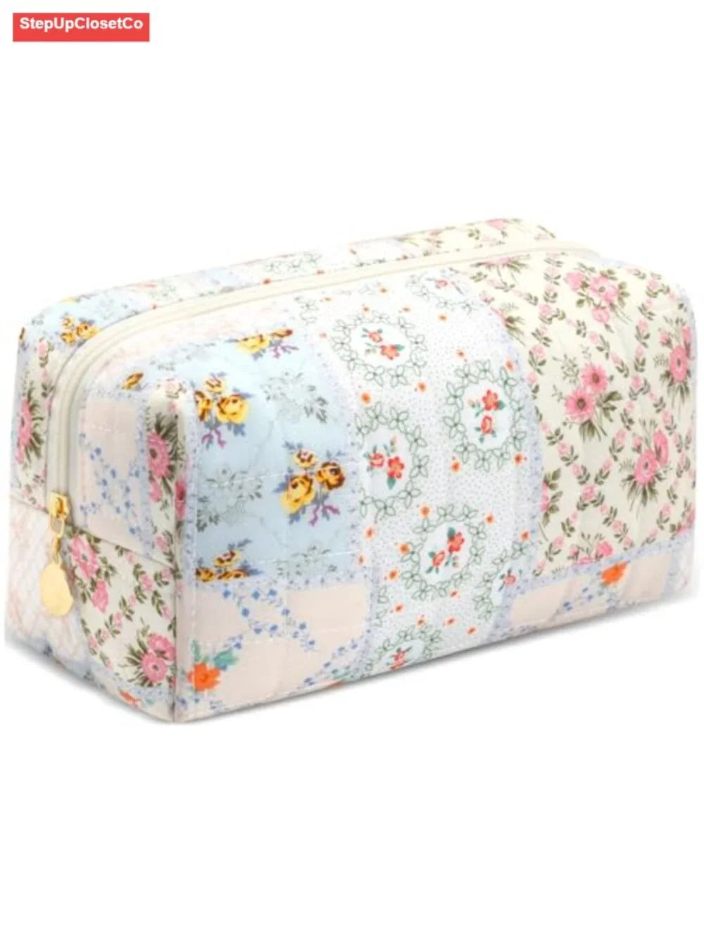 Quilted Cotton Makeup Bag Floral Travel Toiletry Pouch Cute Zipper Small